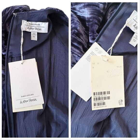 & OTHER STORIES Crushed Velvet Puff Sleeve Mini Dress, Size US0, NWT, Blue - Picture 4 of 16